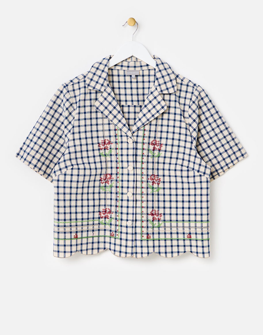 Cream & Blue Gingham Embroidered Short Sleeve Cotton Shirt